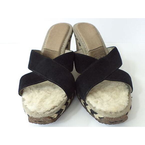 UGG AUSTRALIA MARGOT BLACK IVORY NUBUCK SHEARLING WEDGE SLIDE SHOE EUR 41 US 10M - Picture 3 of 8